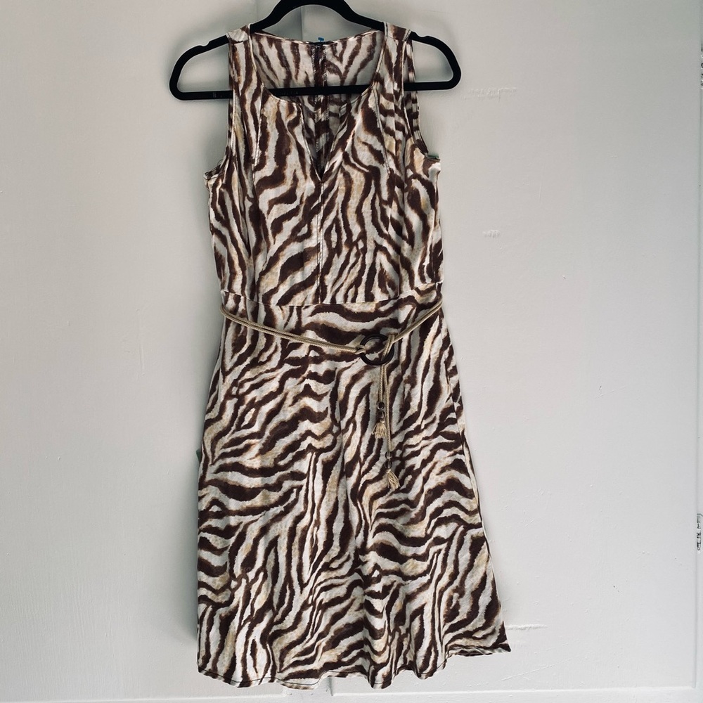 Rafaela Sleeveless Brown & White Linen Blend Zebra Print Dress Wood Ring Tie 8